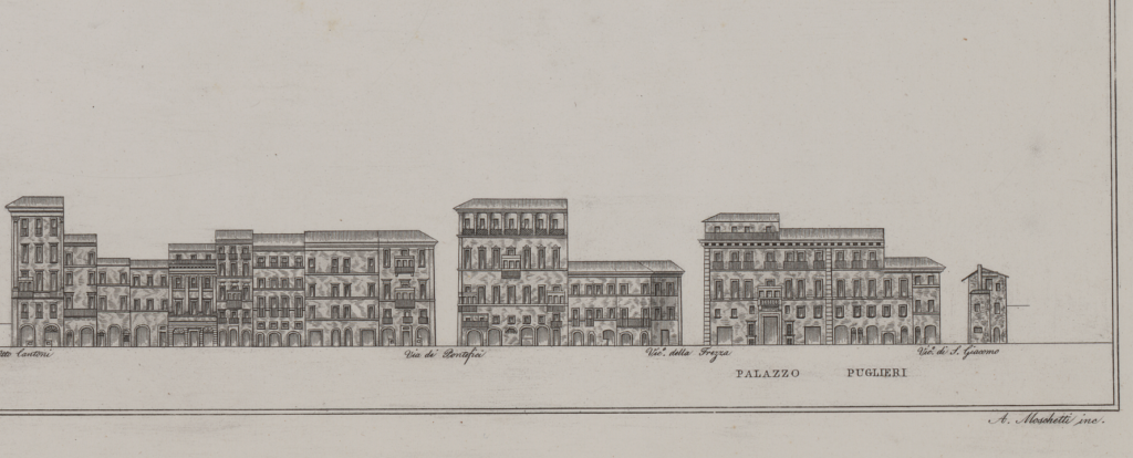 Detail in two parts of the etching by A. Moschetti, 1835 showing the western side of the Via del Corso. Part 1.