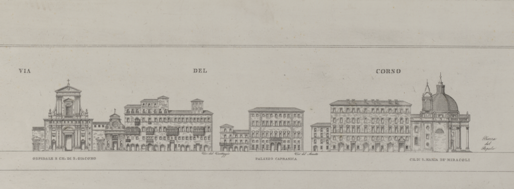 Detail in two parts of the etching by A. Moschetti, 1835 showing the western side of the Via del Corso. Part 2.