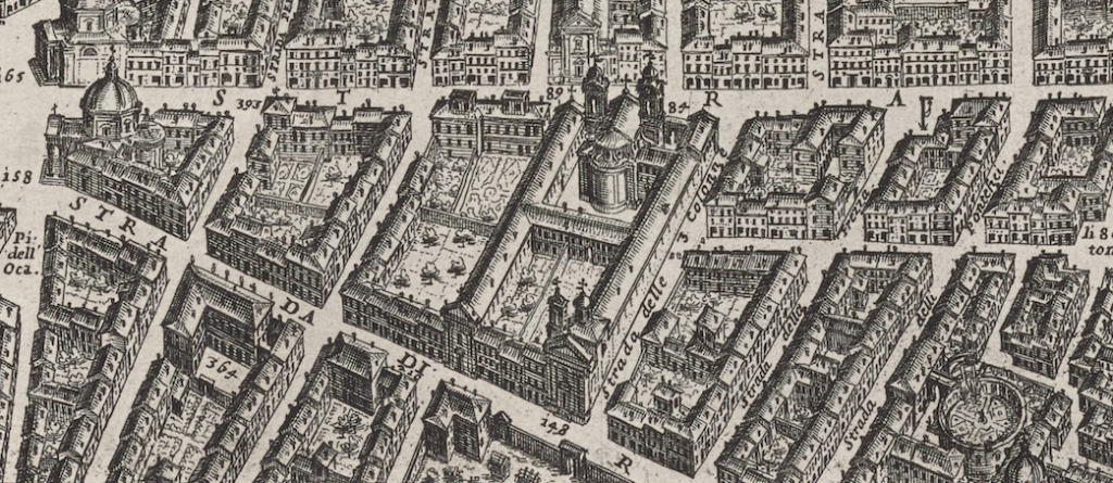 Detail of San Giacomo in Augusta near the Piazza del Popolo from Giovanni Battista Falda's 1676 map.