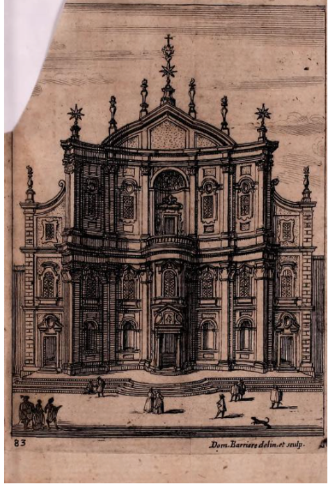 Print of the Oratory façade by Domenico Barrière after Francesco Borromini, from Martinelli, Roma ricercata nel suo sito..., 1658.