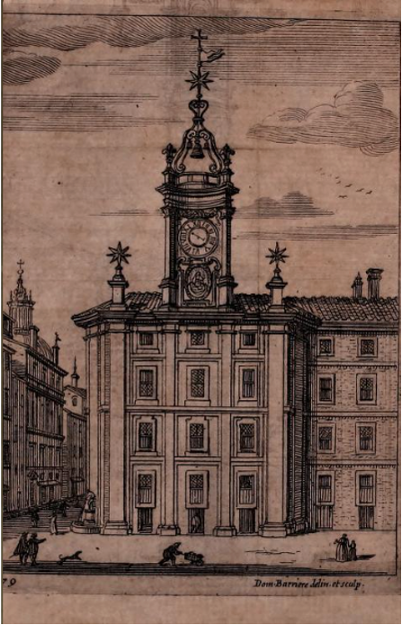 Print of the Clocktower façade by Domenico Barrière after Francesco Borromini, from Martinelli, Roma ricercata nel suo sito..., 1658.