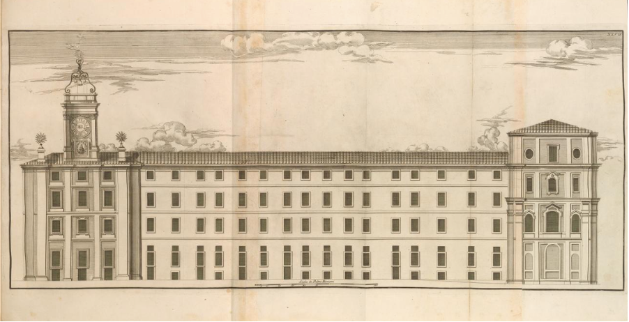 Measured print of the west façade of Casa dei Filippini, from Giannini, Opus architectonicum Equitis Francisci Borromini..., 1725.