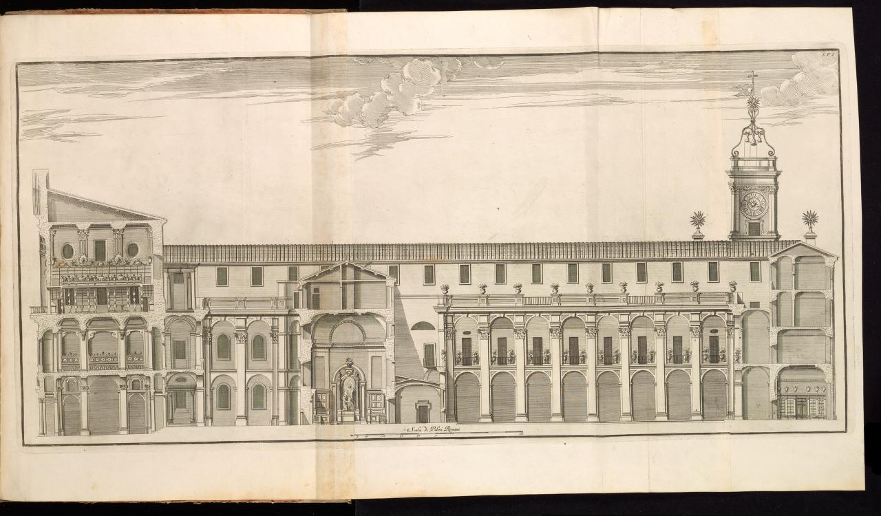 Longitudinal section of the western length of the block showing the interior elevations of both Casa dei Filippini courtyards, from Giannini, Opus architectonicum Equitis Francisci Borromini..., 1725.