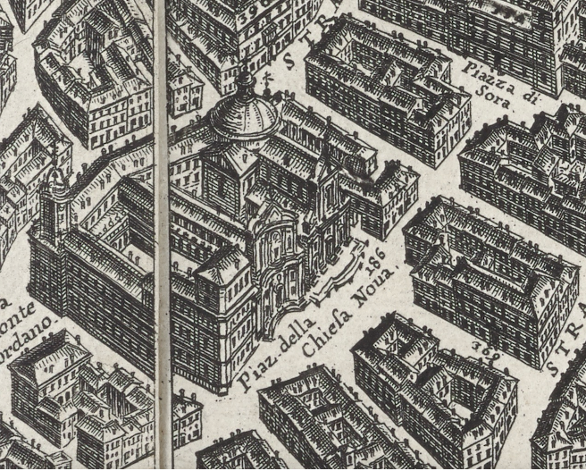 Detail of the Chiesa Nuova block from G.B. Falda, Nuova pianta et alzata della città di Roma, 1676.