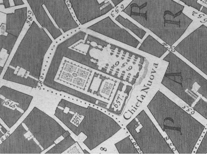 Detail of the Chiesa Nuova block from G. Nolli, La pianta grande di Roma, 1748 (Orientation manipulated to match that of Falda’s 1676 map).