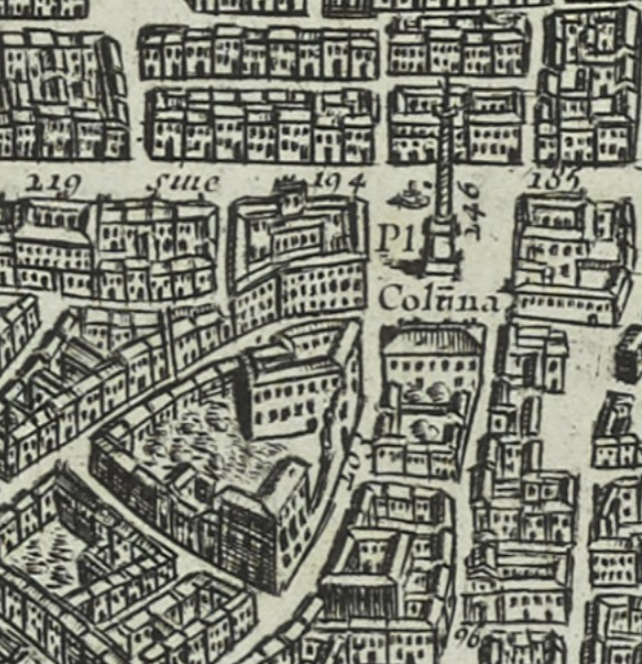 Detail of the Piazza Colonna and Montecitorio from Falda, Giovanni Battista. Recentis Romae ichnographia et hypsographia sive planta et facies ad magnificentiam qua sub Alexandro VII P. M. urbs ipsa directa exculta et decorata est, 1667?.