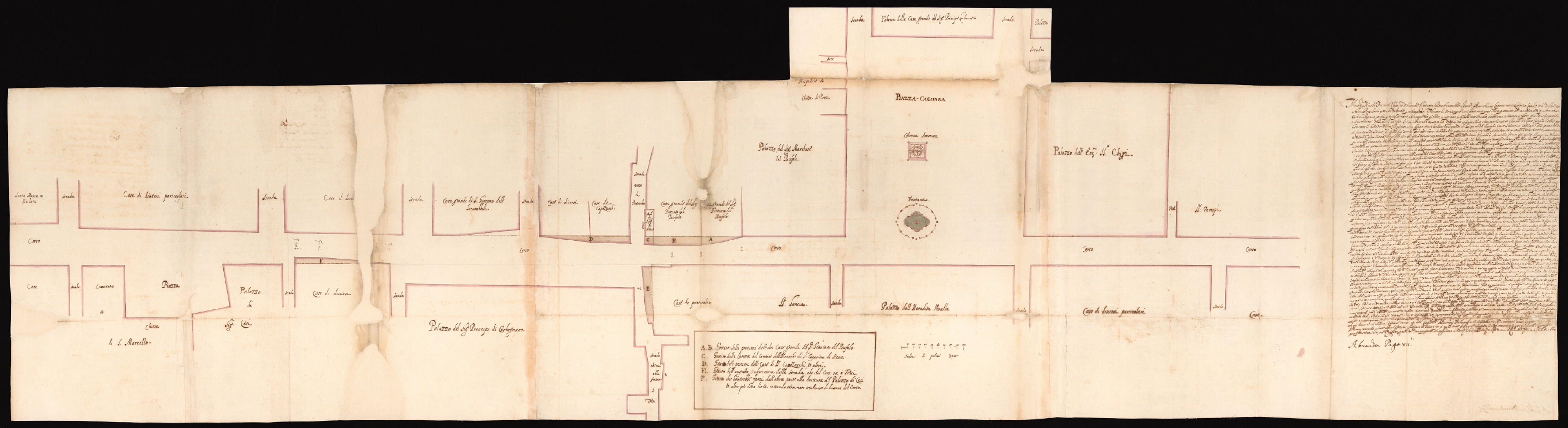 Notai Acque e Strade della R.C.A. (Archivio dei Notai delle Acque e Strade della R.C.A.), vol. 89, c.5671, Pianta parziale di via del Corso compresa tra Santa Maria in Via Lata e piazza Colonna, December 23, 1661.