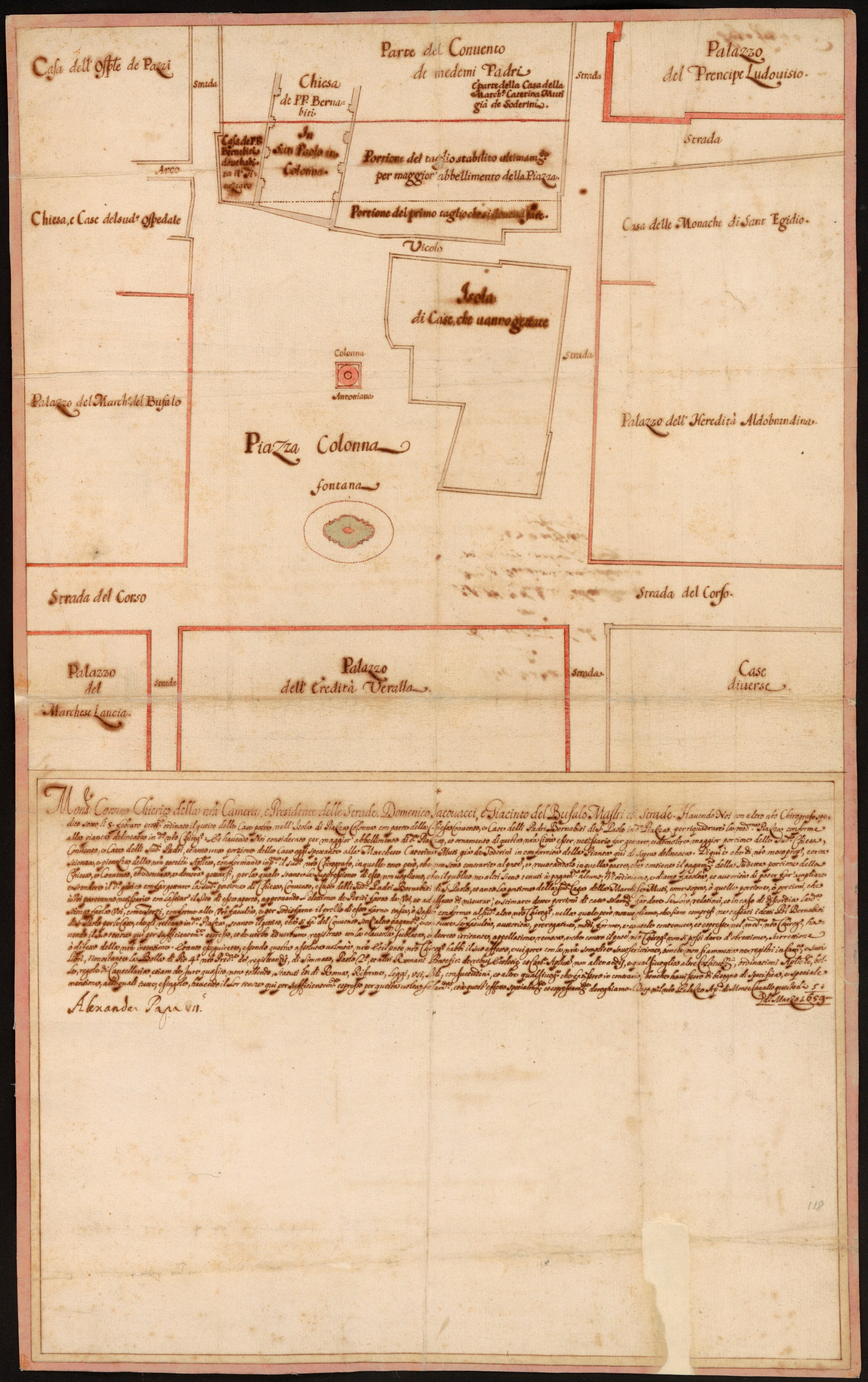 Presidenza delle strade-Chirografi. Plan of the Piazza Colonna, 1659/02/05.