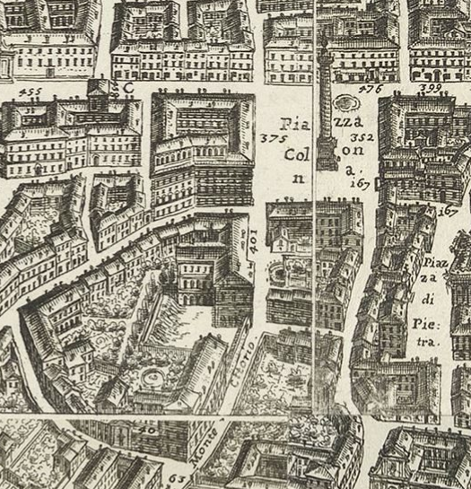 Detail of the Piazza Colonna from Giovanni Battista Falda's 1676 map.